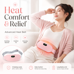 A woman reclining on a white sofa wearing a pink heat relief belt around her lower abdomen. The image includes marketing text reading 'Heat Comfort & Relief' and feature icons for soothing warmth, comfort fit, everyday relief, 3 heating levels, daily comfort, and long battery life.