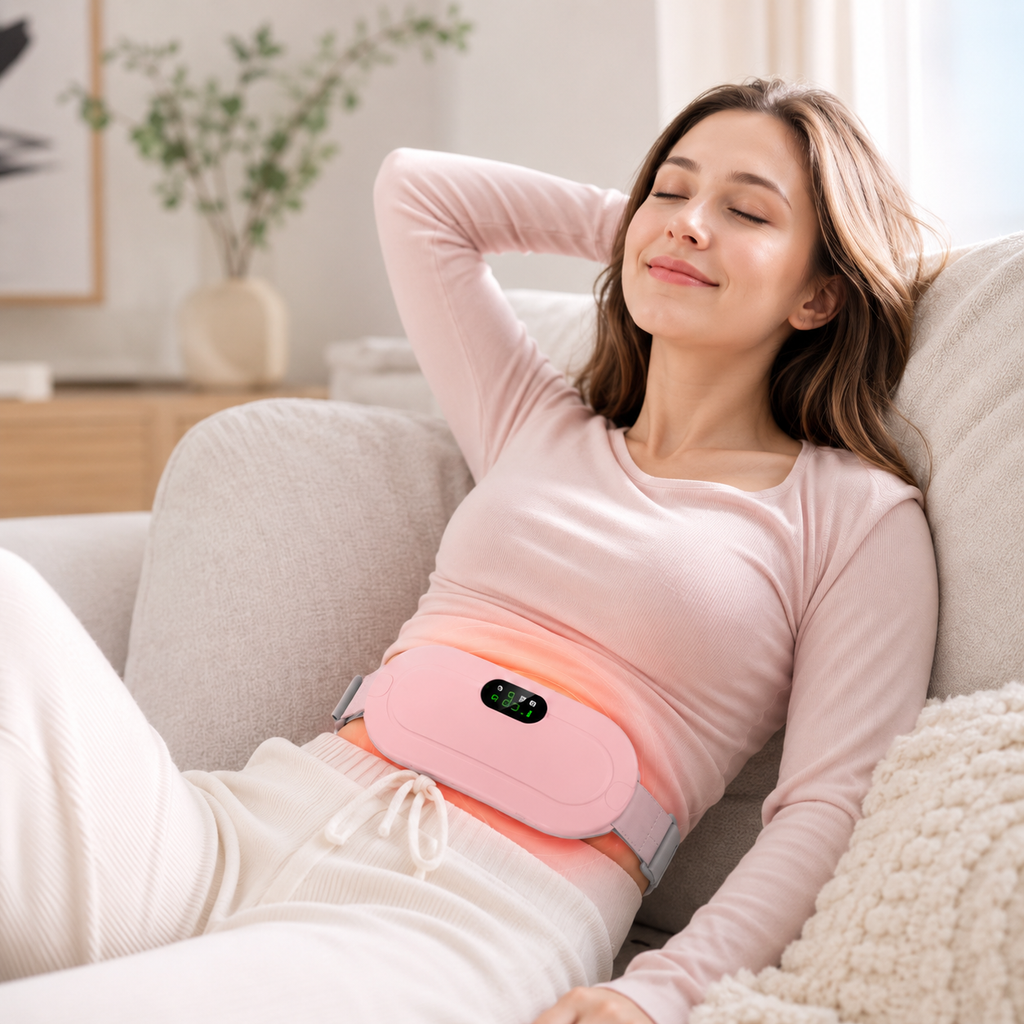 A woman reclining on a light beige sofa wearing a pink waist massager device around her midsection in a bright, modern living room setting.