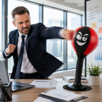 A man in a dark suit and tie throws a black-and-red punching bag with a cartoon face at a desk in a bright office setting.