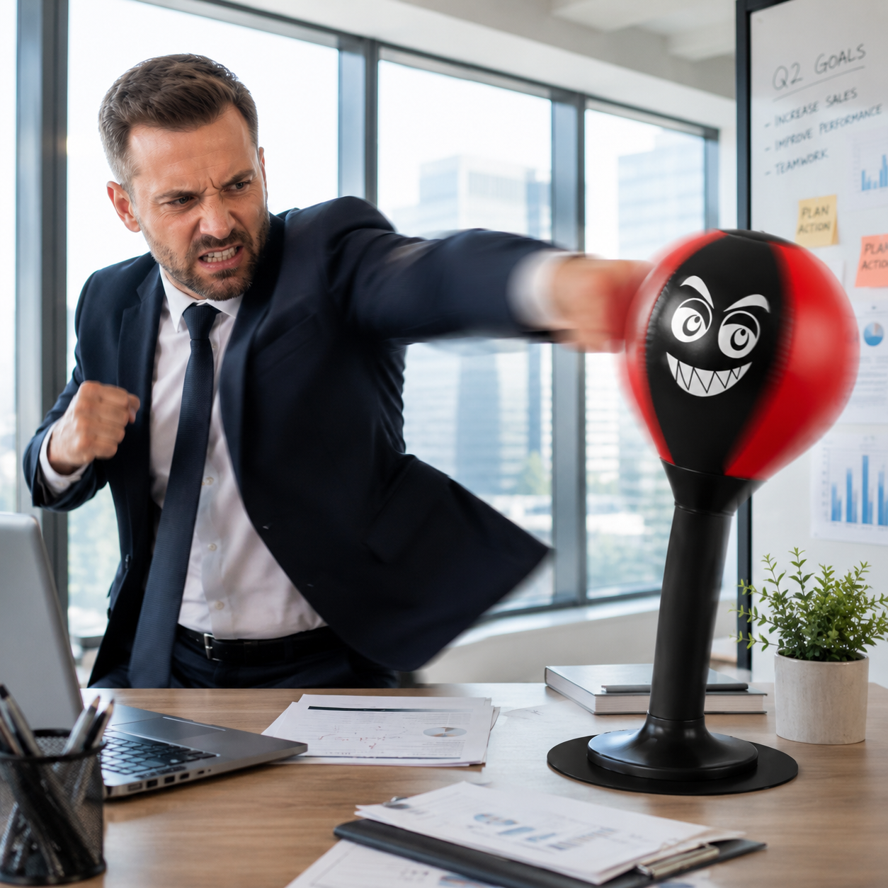 A man in a dark suit and tie throws a black-and-red punching bag with a cartoon face at a desk in a bright office setting.