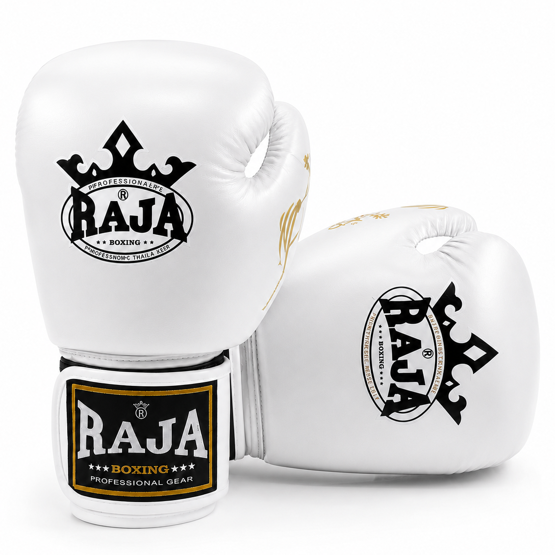 A pair of white boxing gloves with black and gold branding from Raja Boxing, displayed on a clean white background.