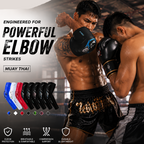SPRTRJ branded promotional graphic for Muay Thai elbow strikes, showing two fighters in a ring with black protective elbow guards. Text reads 'ENGINEERED FOR POWERFUL ELBOW STRIKES' and 'MUAY THAI,' with a row of color options and feature icons along the bottom.