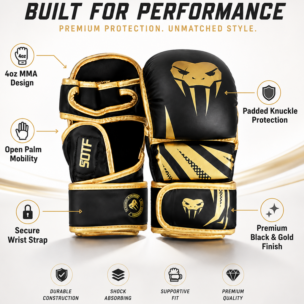 Black and gold MMA gloves with snake head graphics, shown with feature callout icons and text on a light beige background.