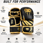 Black and gold MMA gloves with snake head graphics, shown with feature callout icons and text on a light beige background.