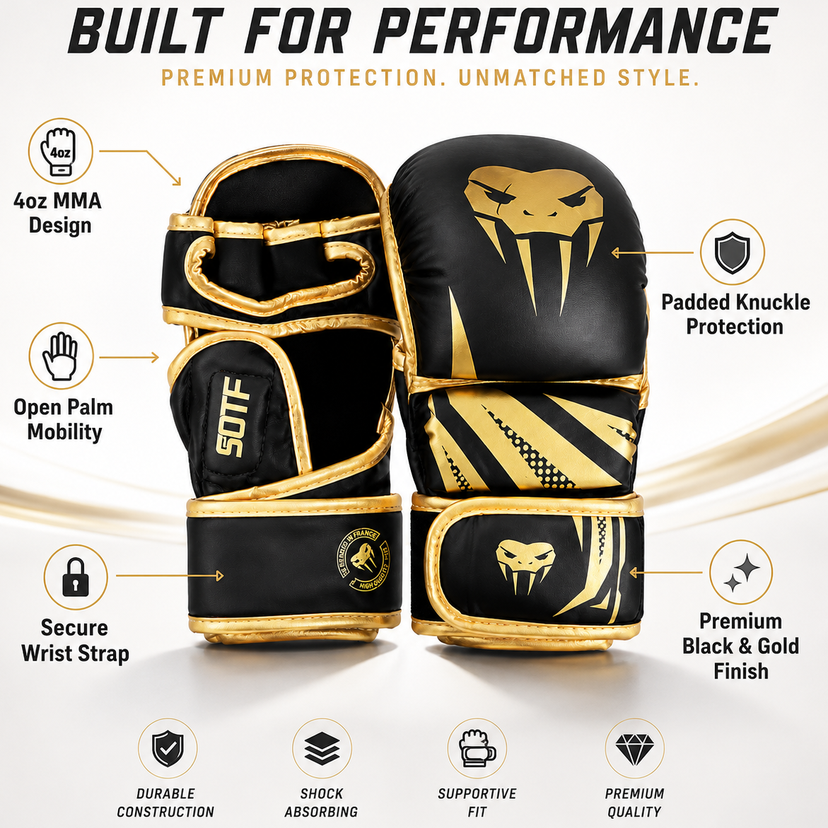Black and gold MMA gloves with snake head graphics, shown with feature callout icons and text on a light beige background.
