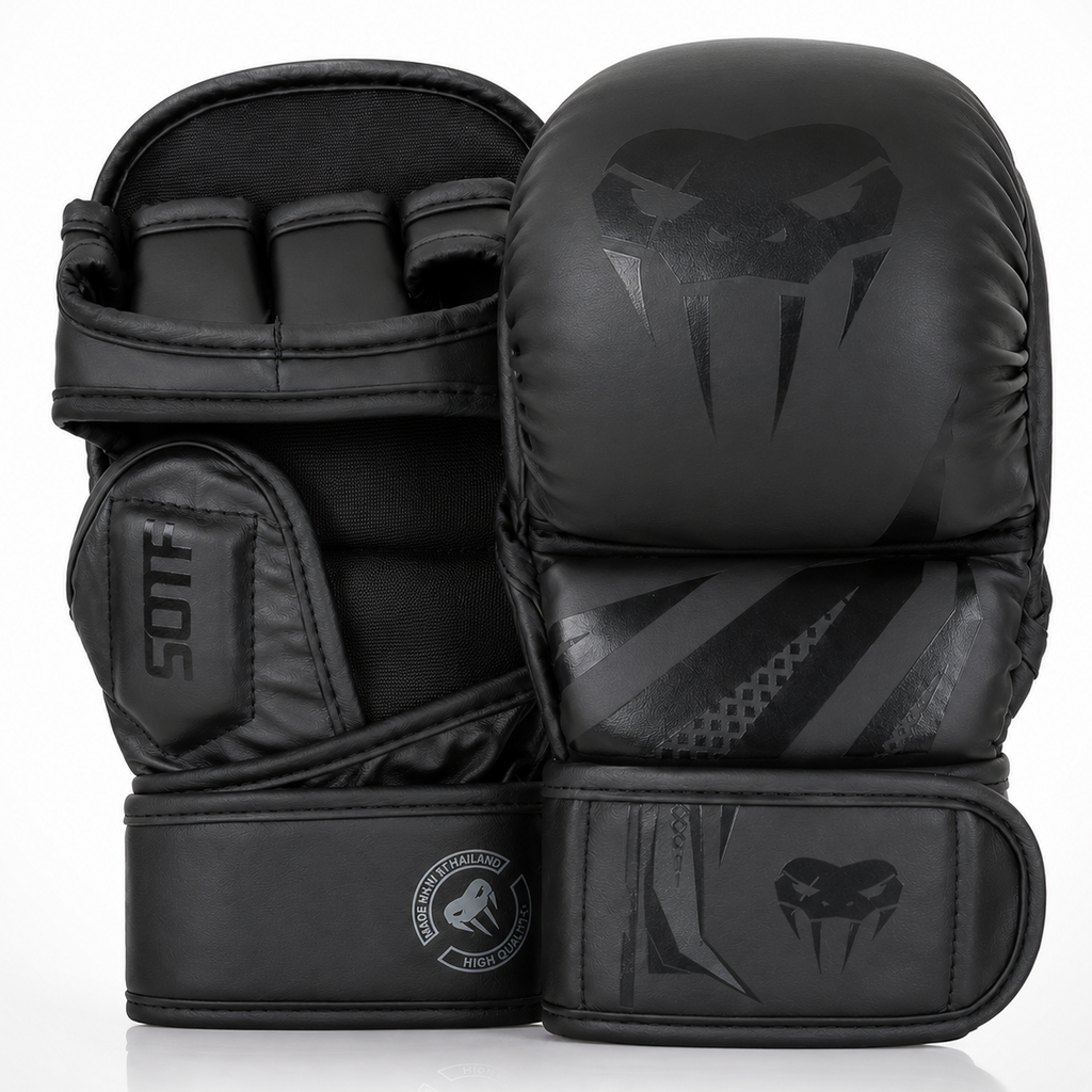 A pair of black MMA and Muay Thai sparring gloves with a dark gray Venum snake head logo, shown on a clean white background.