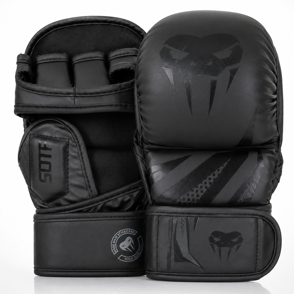 A pair of black MMA and Muay Thai sparring gloves with a dark gray Venum snake head logo, shown on a clean white background.