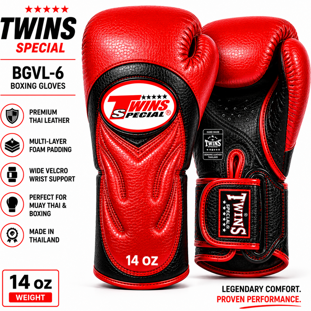 Red and black Twins Special boxing gloves with product details on a white background
