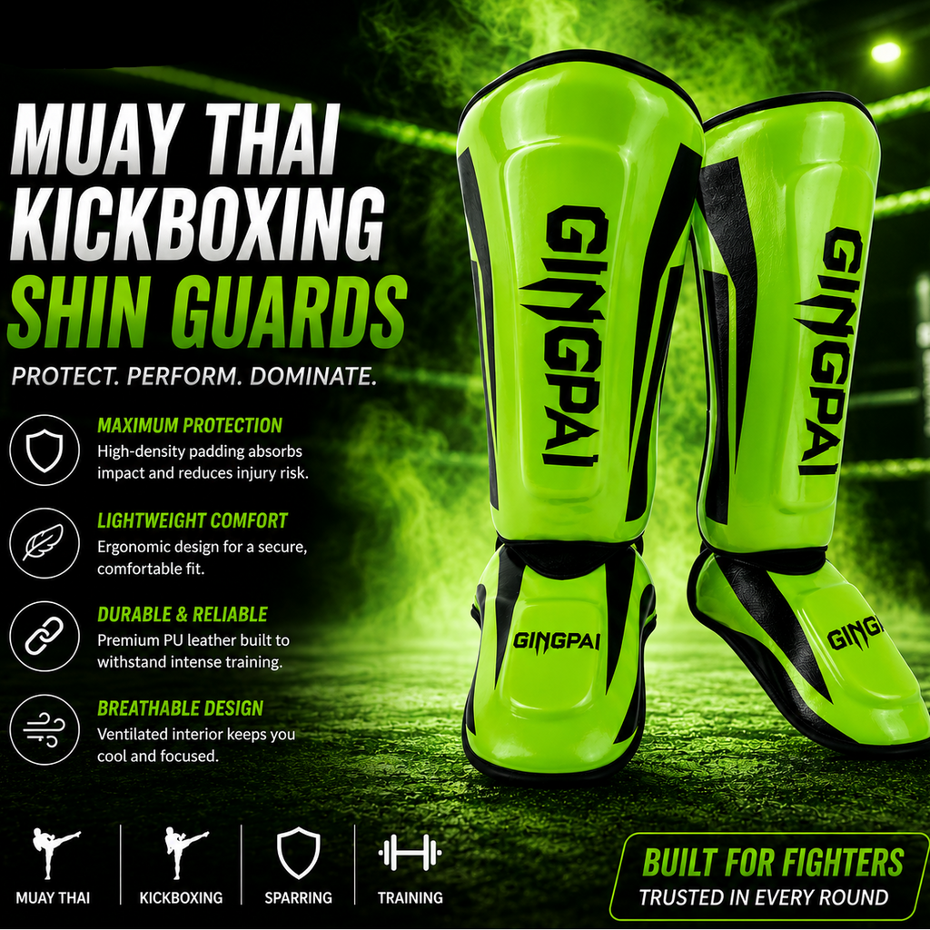 Gingpai Muay Thai kickboxing shin guards with product features on a dark background.