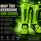 Gingpai Muay Thai kickboxing shin guards with product features on a dark background.