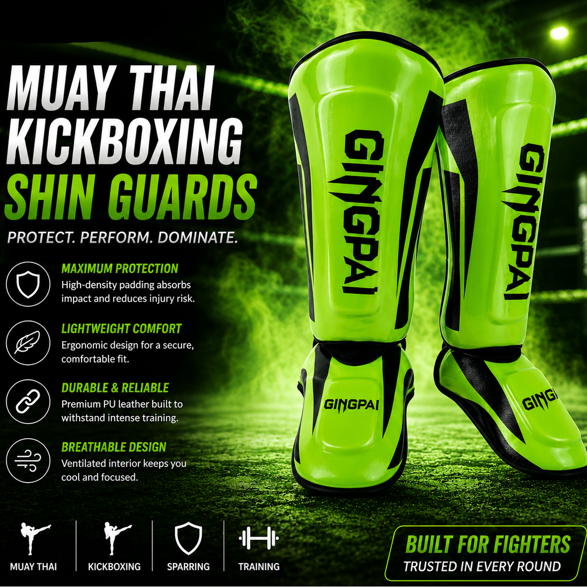 Gingpai Muay Thai kickboxing shin guards with product features on a dark background.