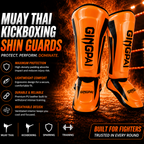 Orange GINGPAI Muay Thai kickboxing shin guards with product features on a dark background.
