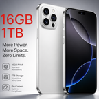 Smartphone with 16GB RAM and 1TB storage on a gray background