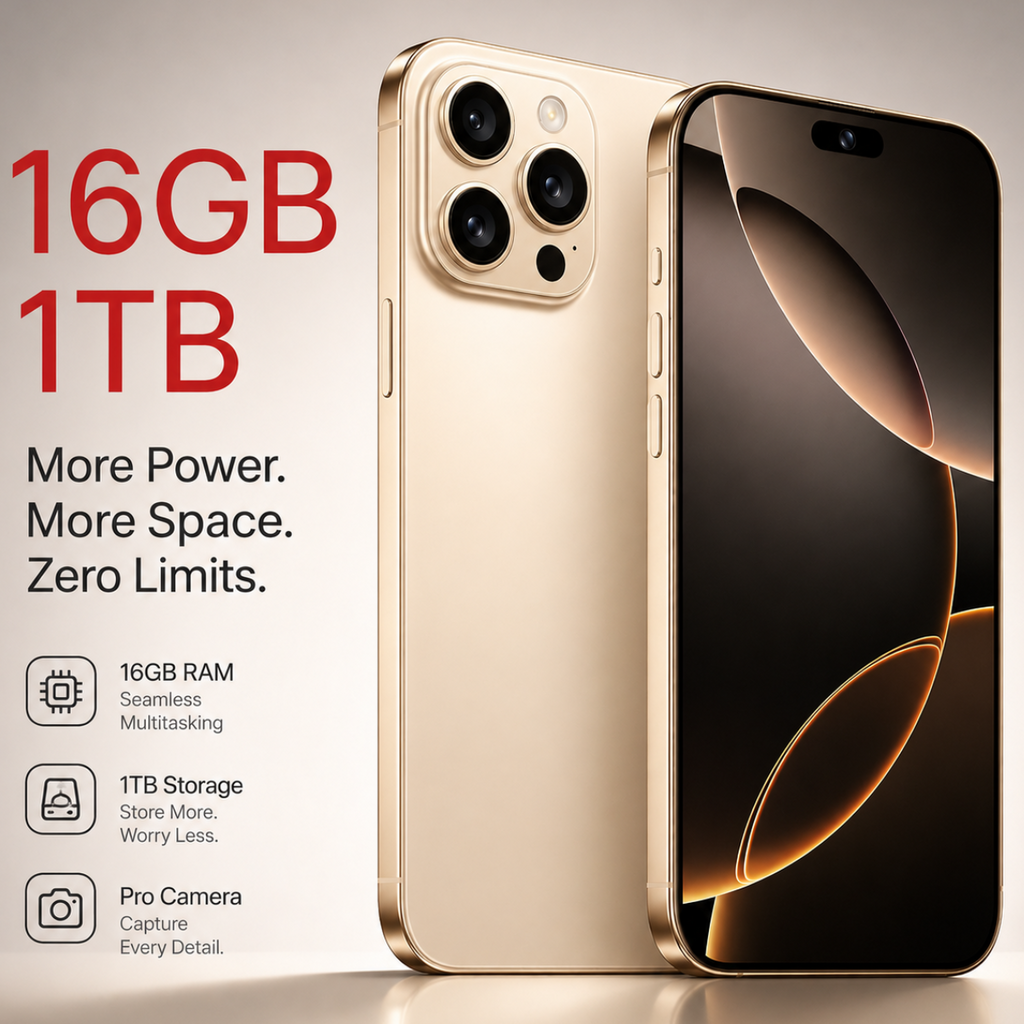 Gold smartphone with 16GB RAM and 1TB storage on a gray background