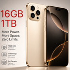 Gold smartphone with 16GB RAM and 1TB storage on a gray background