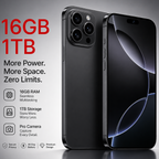 Black smartphone with 16GB RAM and 1TB storage features on a gray background