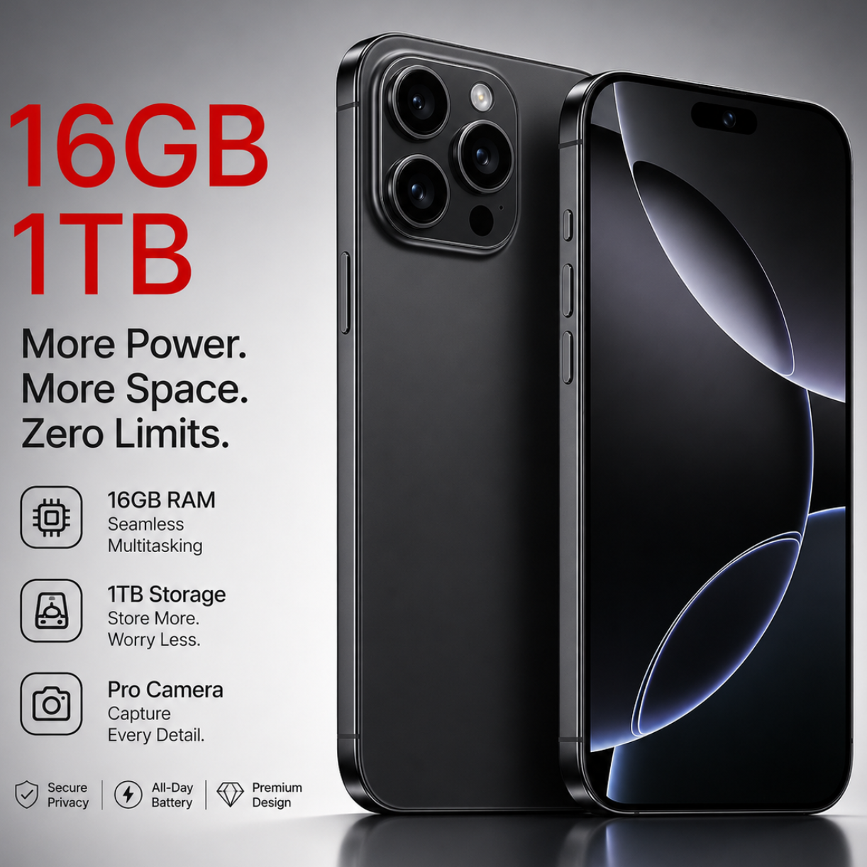 Black smartphone with 16GB RAM and 1TB storage features on a gray background