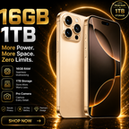 Gold smartphone with 16GB RAM and 1TB storage on a dark background