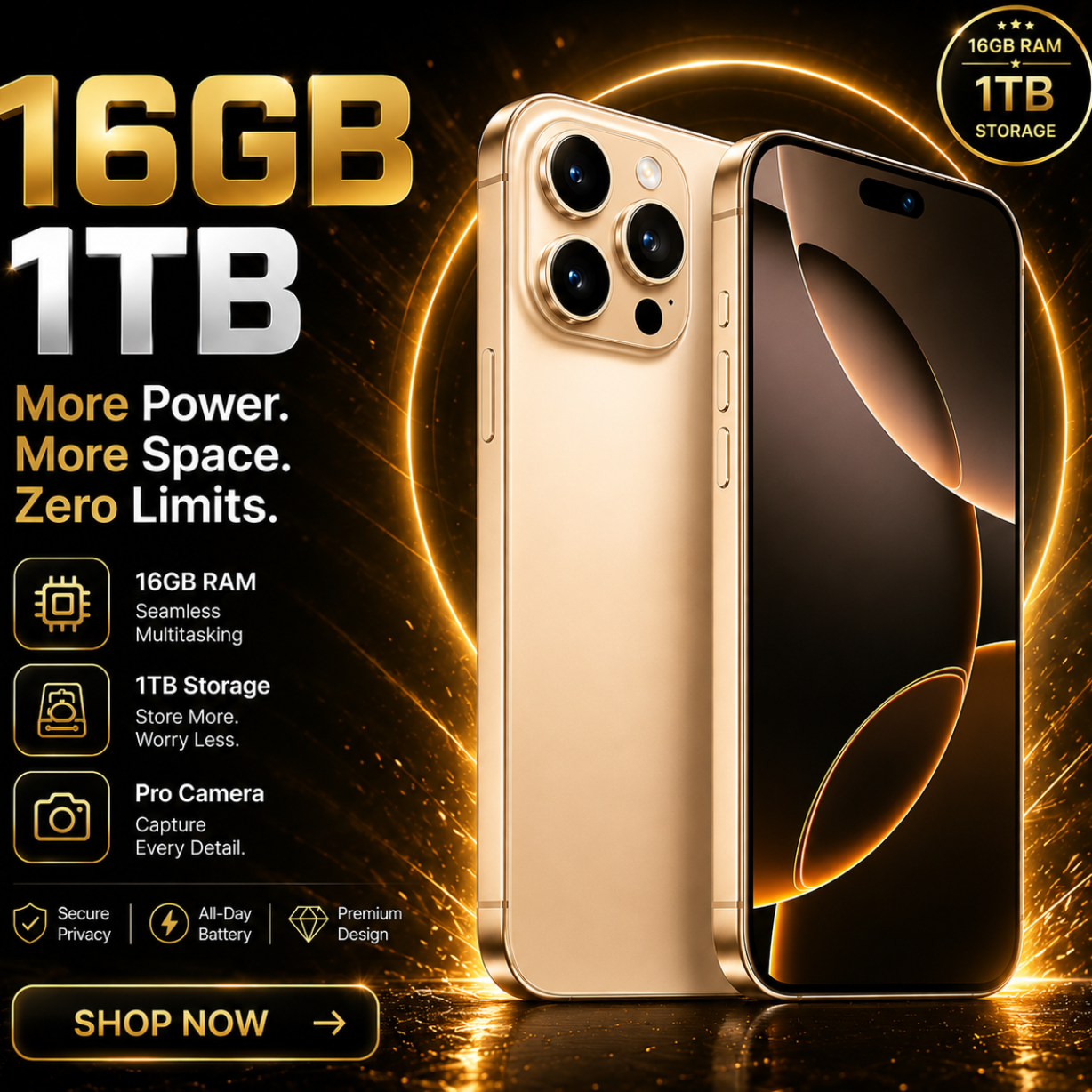 Gold smartphone with 16GB RAM and 1TB storage on a dark background