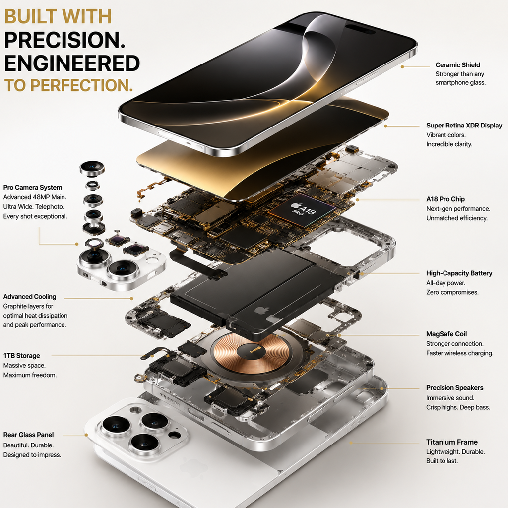 Cross-sectional view of a smartphone with labeled components on a light gray background.