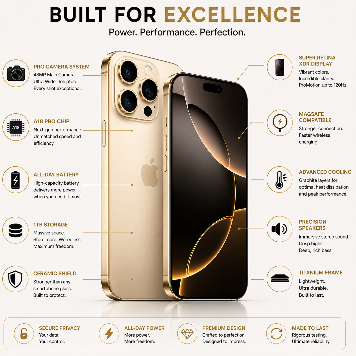 Gold smartphone with features listed on a white background