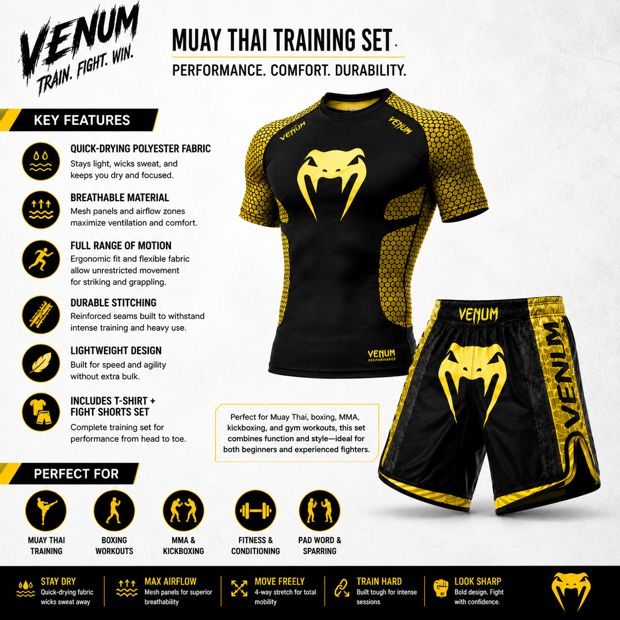 MMA Boxing Muay Thai Shirt & Shorts Set | Quick-Dry Breathable