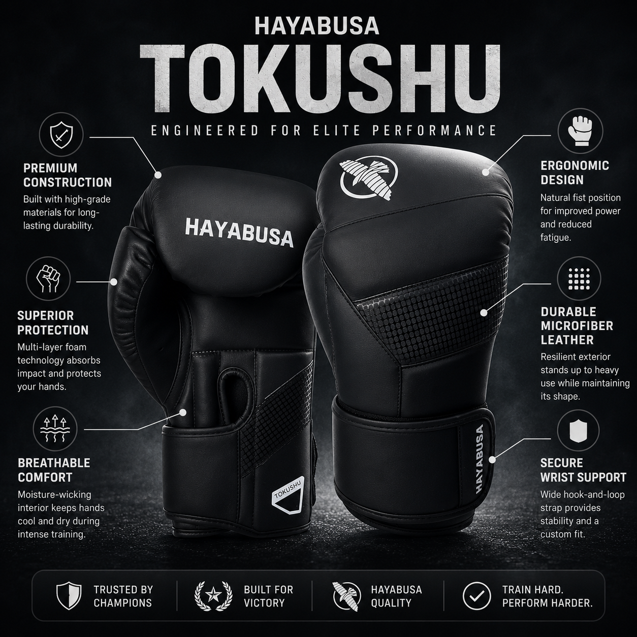 HAYABUSA Classic Matte Black Boxing Gloves - FitZone360