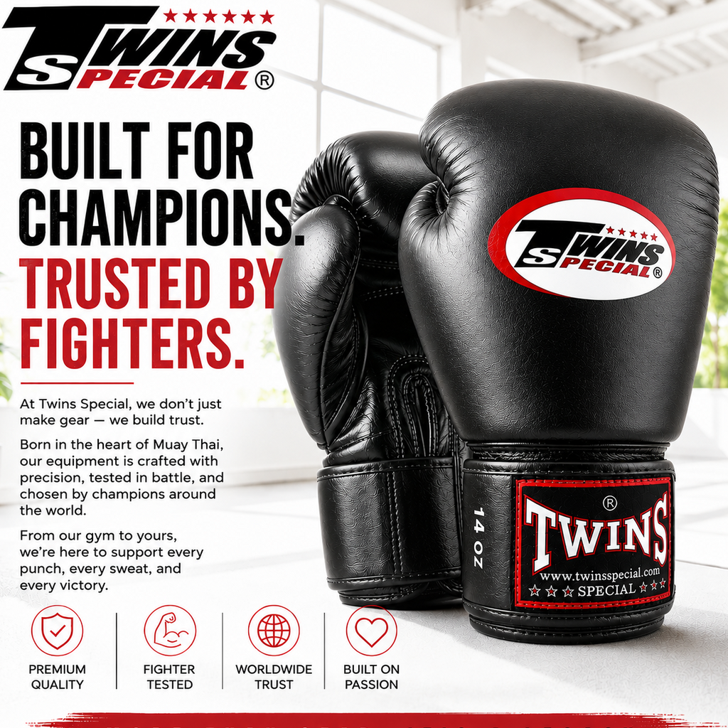 Black Twins Special boxing gloves with branding and text on a white background