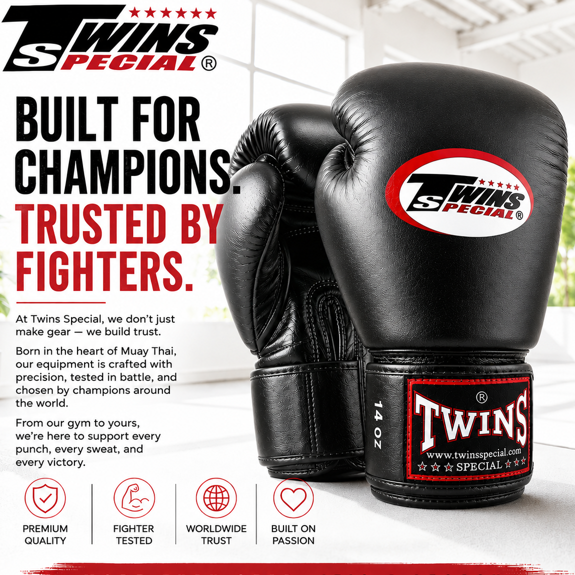 Black Twins Special boxing gloves with branding and text on a white background
