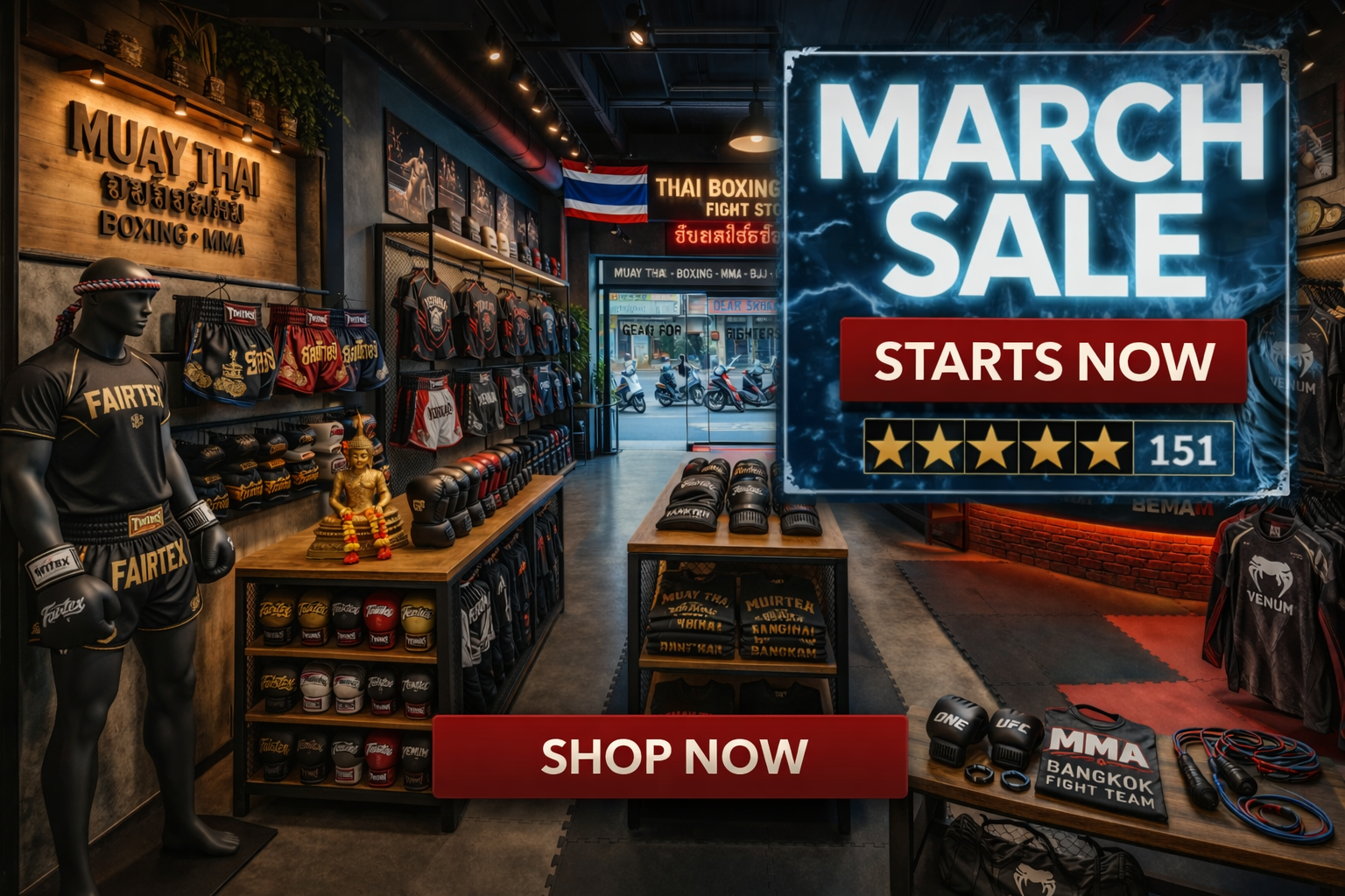 MMA store interior with promotional March sale banner
