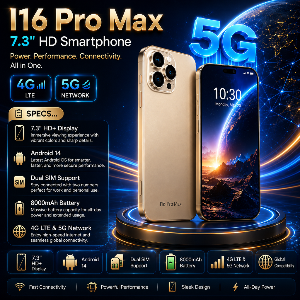 16 Pro Max 7.3" HD 5G Smartphone | Global Android 14 Mobile Phone with Dual SIM, 8000mAh Battery, Unlocked 4G/5G Cellphone