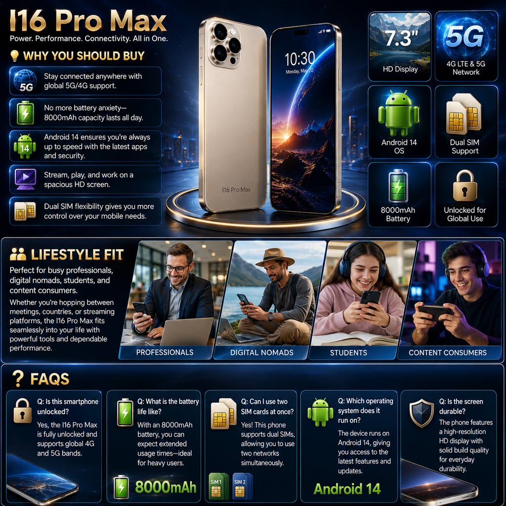 16 Pro Max 7.3" HD 5G Smartphone | Global Android 14 Mobile Phone with Dual SIM, 8000mAh Battery, Unlocked 4G/5G Cellphone