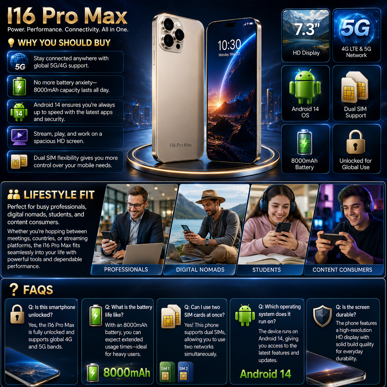 16 Pro Max 7.3" HD 5G Smartphone | Global Android 14 Mobile Phone with Dual SIM, 8000mAh Battery, Unlocked 4G/5G Cellphone