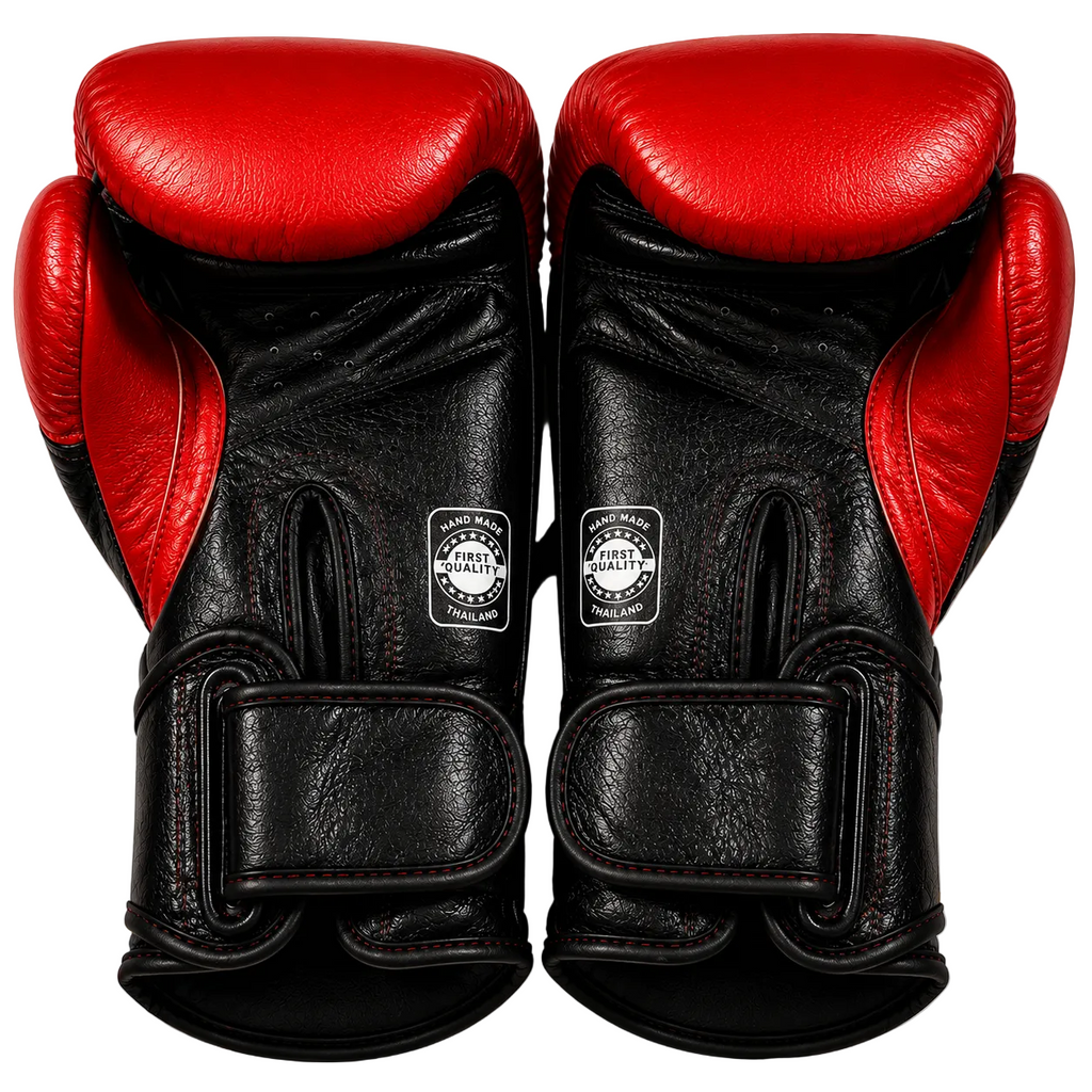 Pair of black and red boxing gloves on a white background with a brand logo.