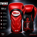 Red boxing gloves with Twins Special branding on a dark background