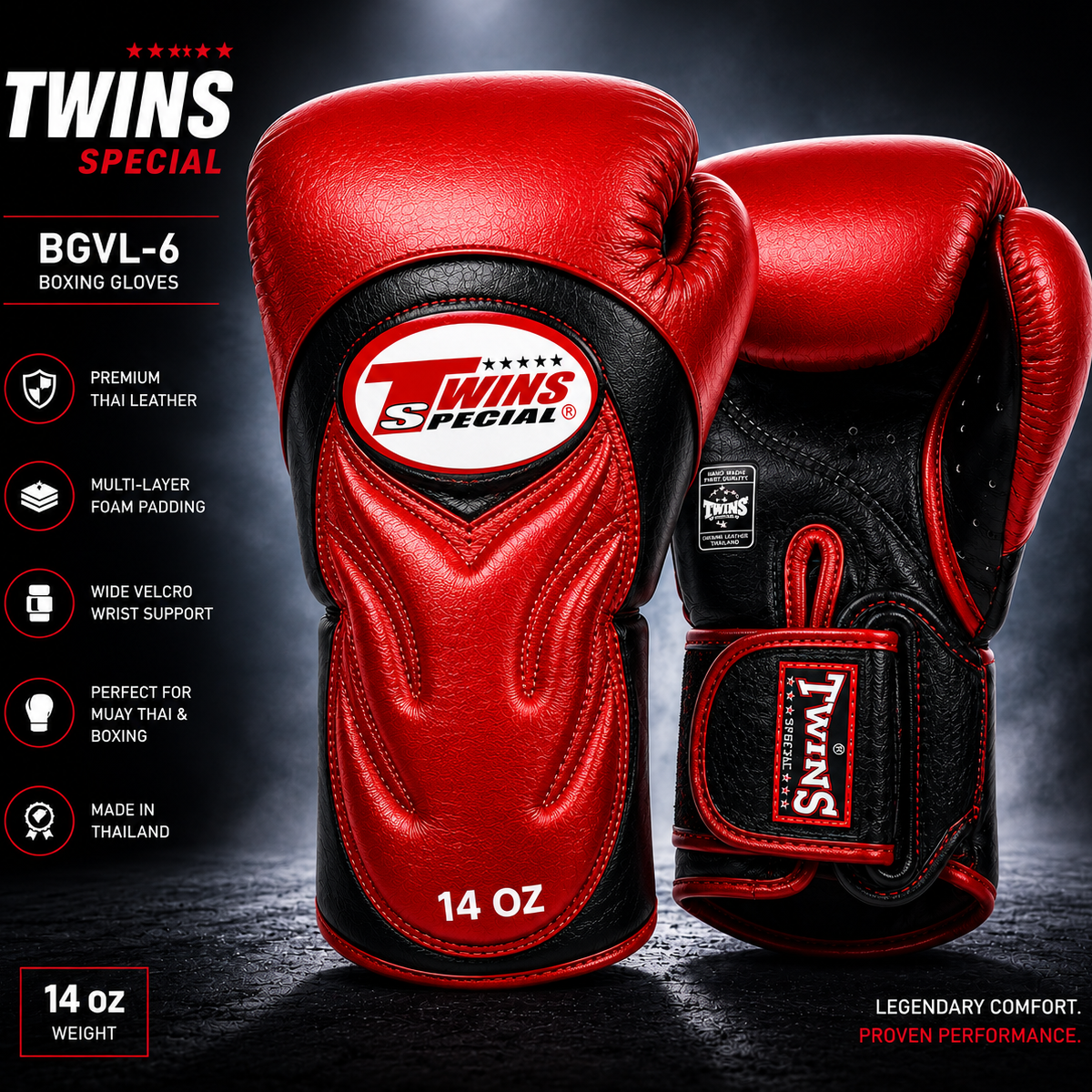 Red boxing gloves with Twins Special branding on a dark background