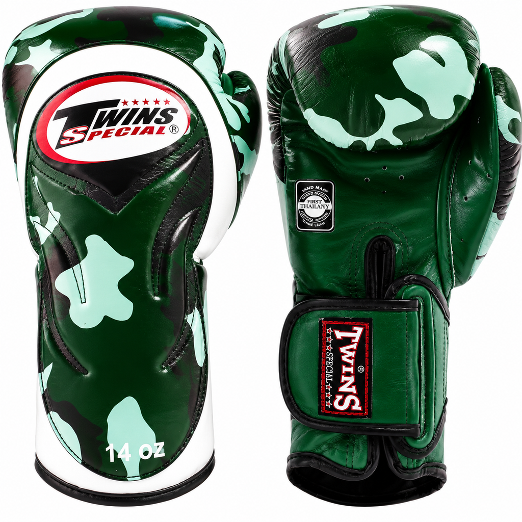Green camouflage boxing gloves with Twins Special branding on a white background
