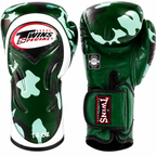 Green camouflage boxing gloves with Twins Special branding on a white background