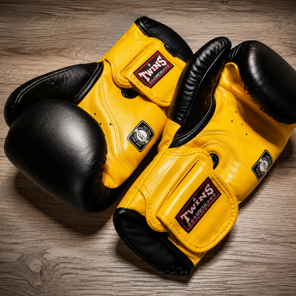 Yellow boxing gloves with black accents on a wooden surface