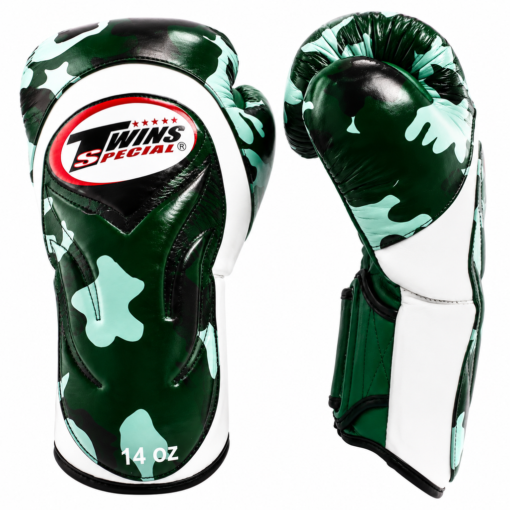 Green and white camouflage boxing gloves with Twins Special logo on a white background