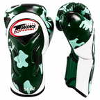 Green and white camouflage boxing gloves with Twins Special logo on a white background