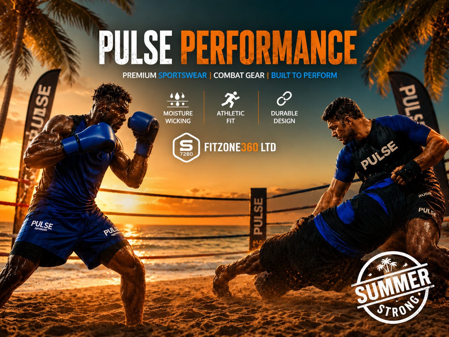 Two athletes in Pulse Performance gear on a beach with sunset background