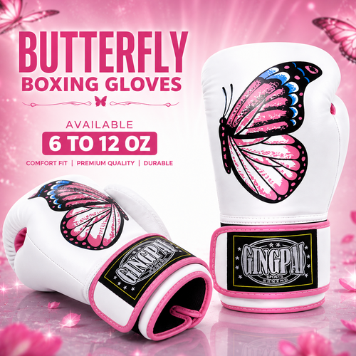 Butterfly boxing gloves with pink and black design on a pink background with butterflies.