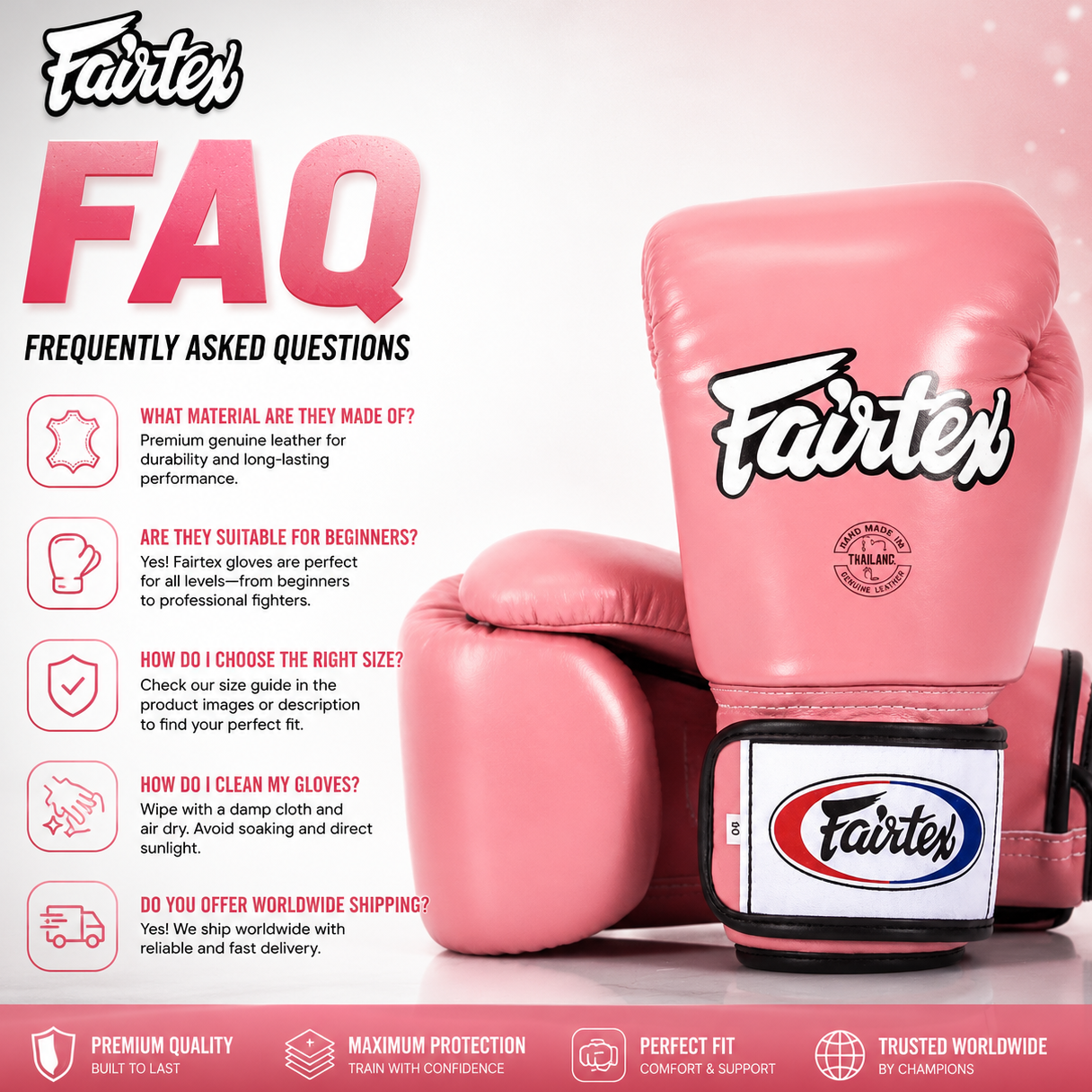 Pink boxing gloves with Fairtex branding on a white background