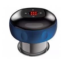 Blue and black electronic device with digital display on a white background