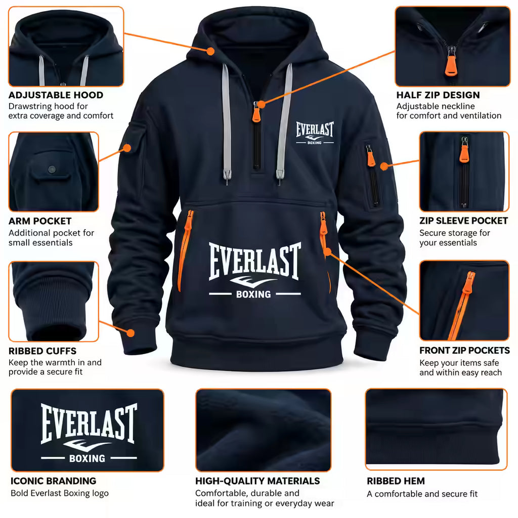 Title: Everlast Boxing Hoodie – Men’s Multi-Pocket Half-Zip Sports Pullover