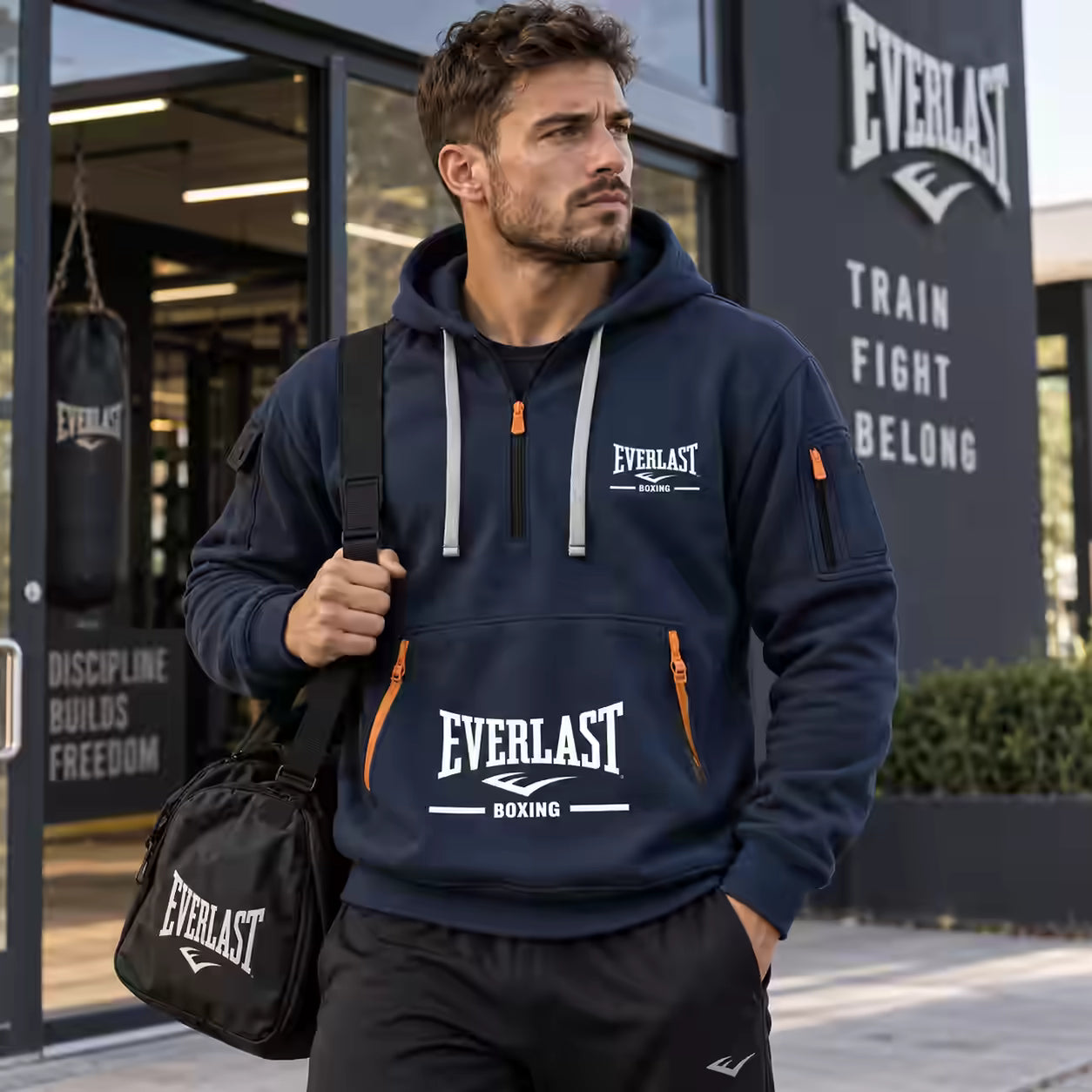 Title: Everlast Boxing Hoodie – Men’s Multi-Pocket Half-Zip Sports Pullover
