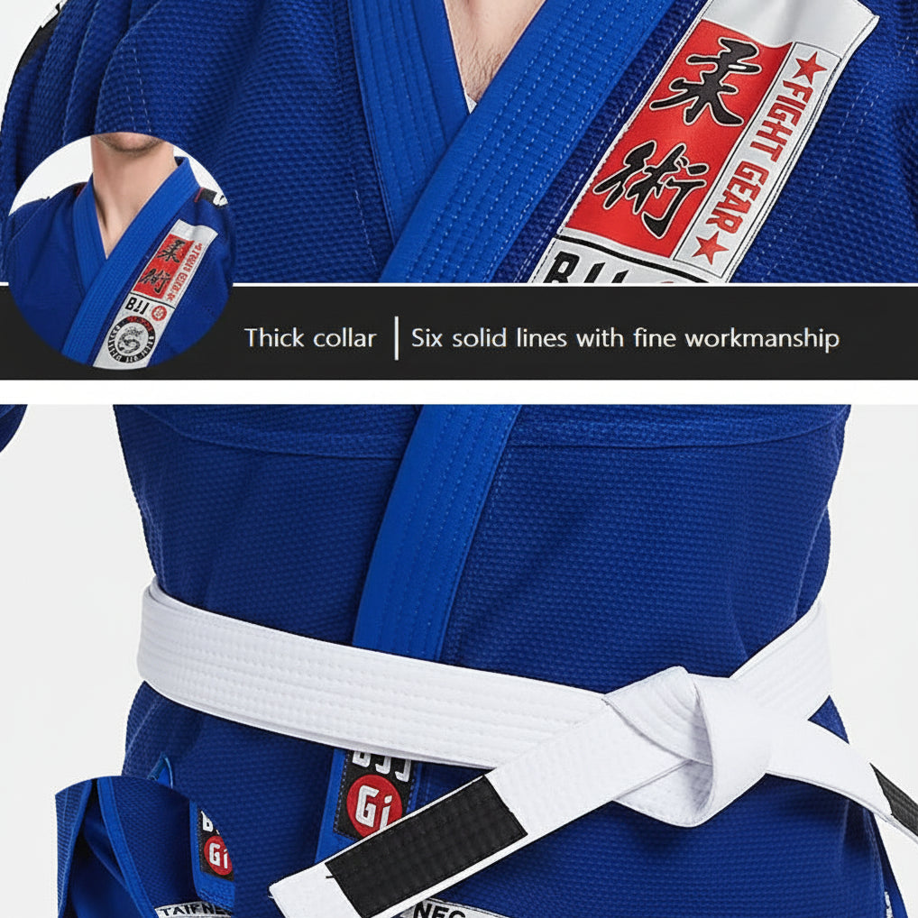 Blue martial arts uniform with white belt and visible brand logo on a white background