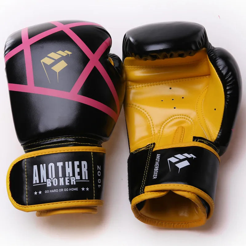 Pair of black and yellow boxing gloves with 'Another Boxer' branding on a white background