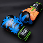 Pair of colorful boxing gloves with brand logos on a black background